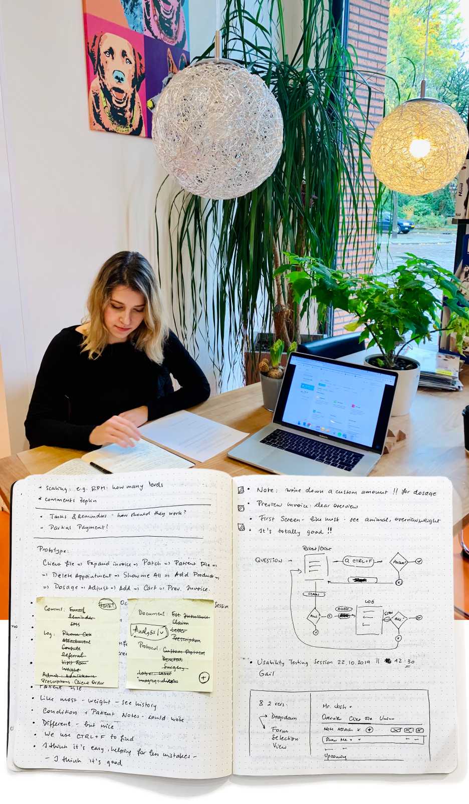 Montage mit UX Researcher in einem Café in Deutschland und User Research Notizen