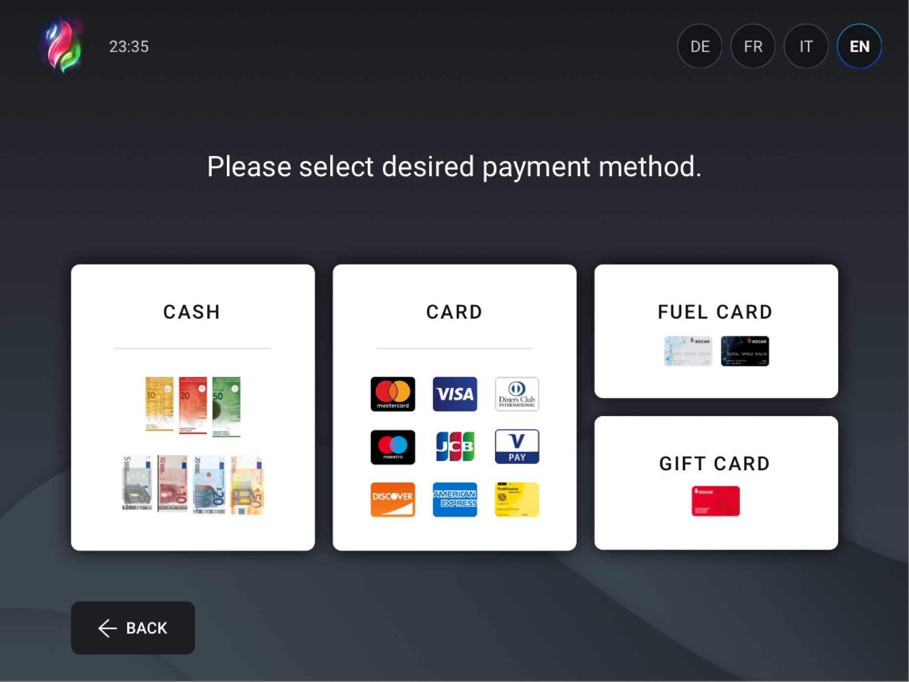 UI design for embedded system where users select the payment method in the self checkout experience