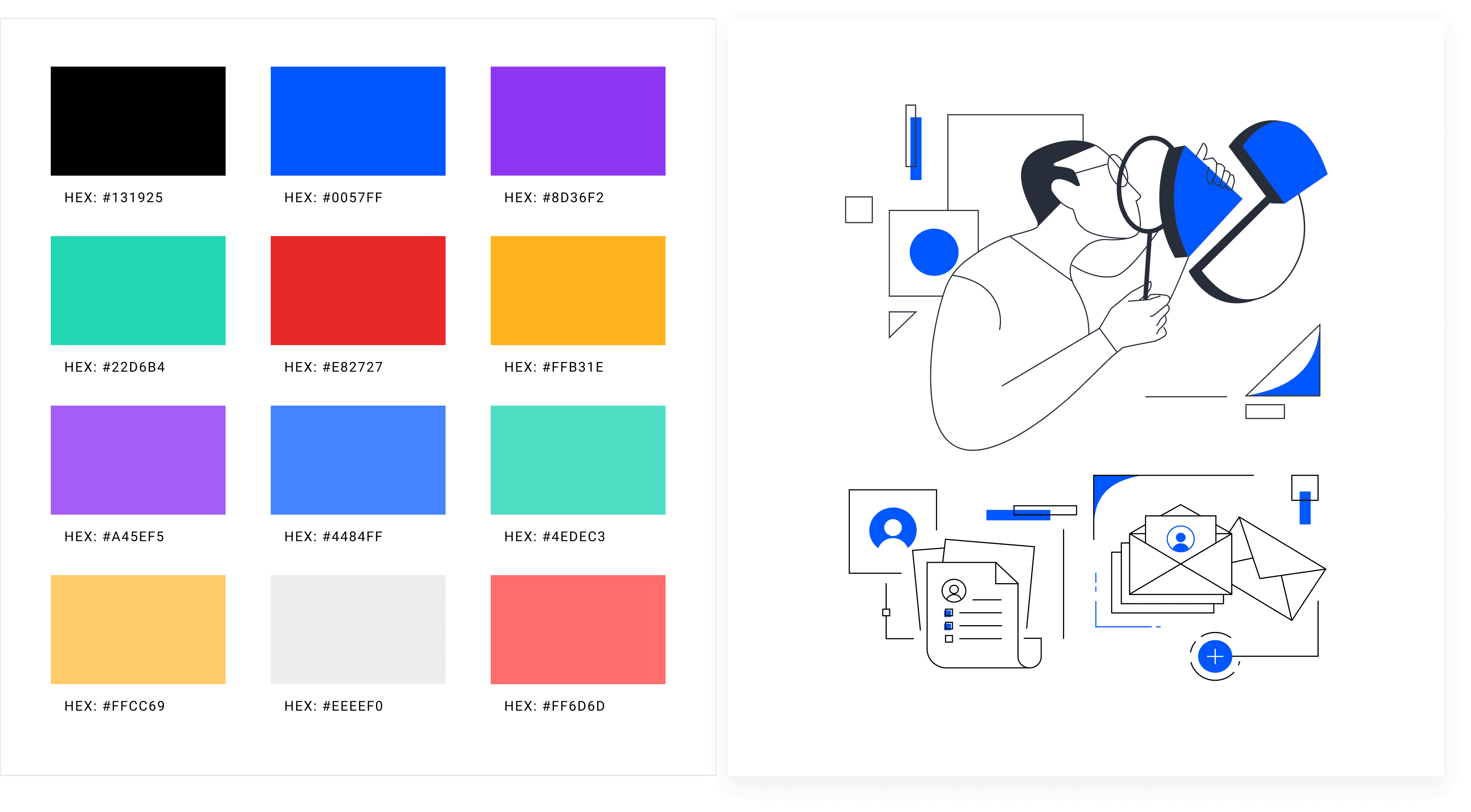 UI Design Komponenten mit Farbpalette und Illustration